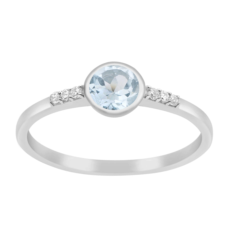 Aquamarine Bezel Set Solitaire Accents Ring - Sterling Silver