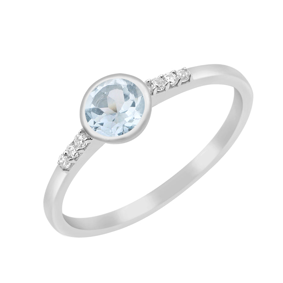 Aquamarine Bezel Set Solitaire Accents Ring - Sterling Silver