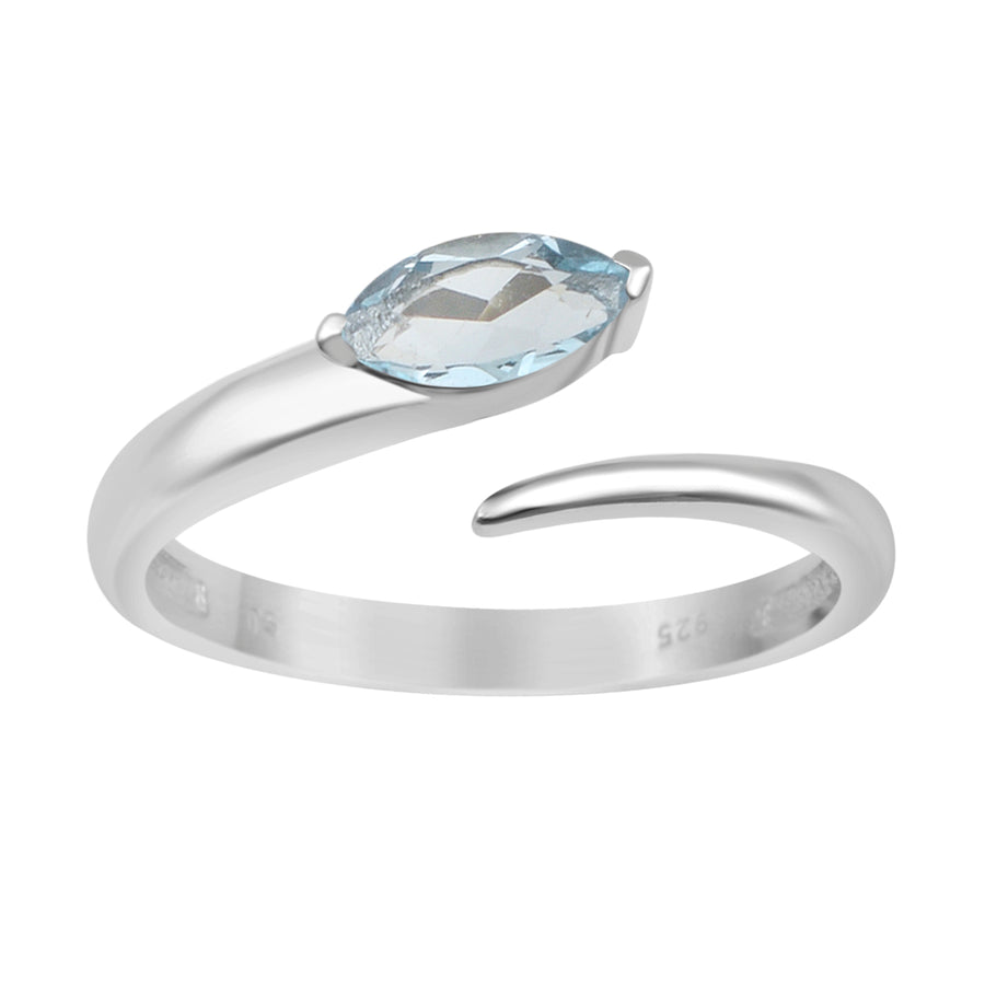 Aquamarine Solitaire Open Bypass Ring - Sterling Silver