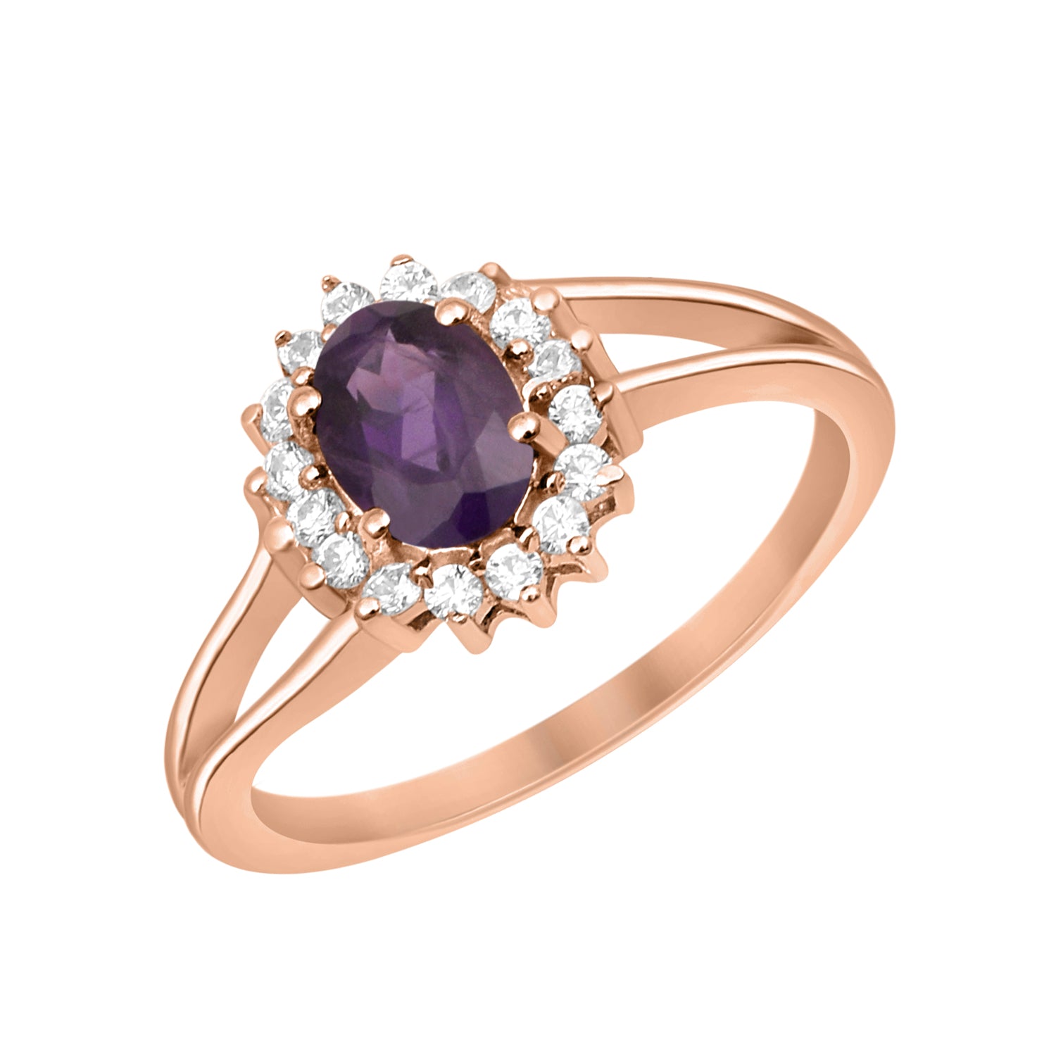 Amethyst Solitaire Halo Split Shank Ring -Sterling Silver