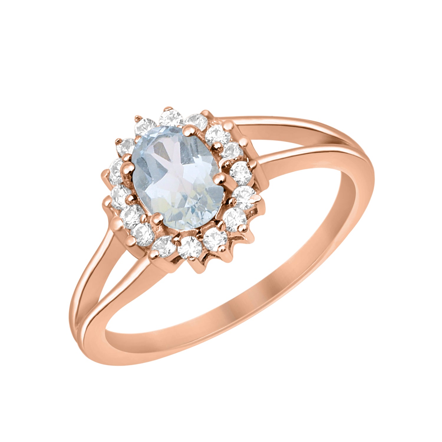 Aquamarine Solitaire Halo Split Shank Ring -Sterling Silver