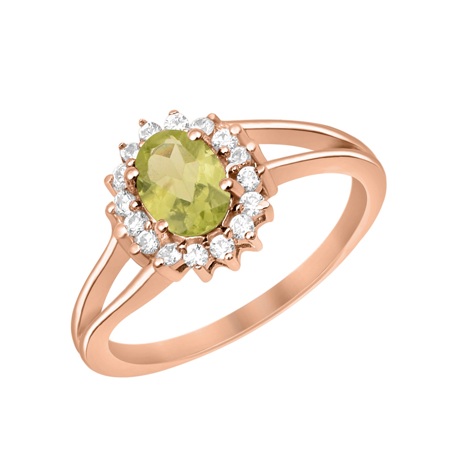 Peridot Solitaire Halo Split Shank Ring -Sterling Silver