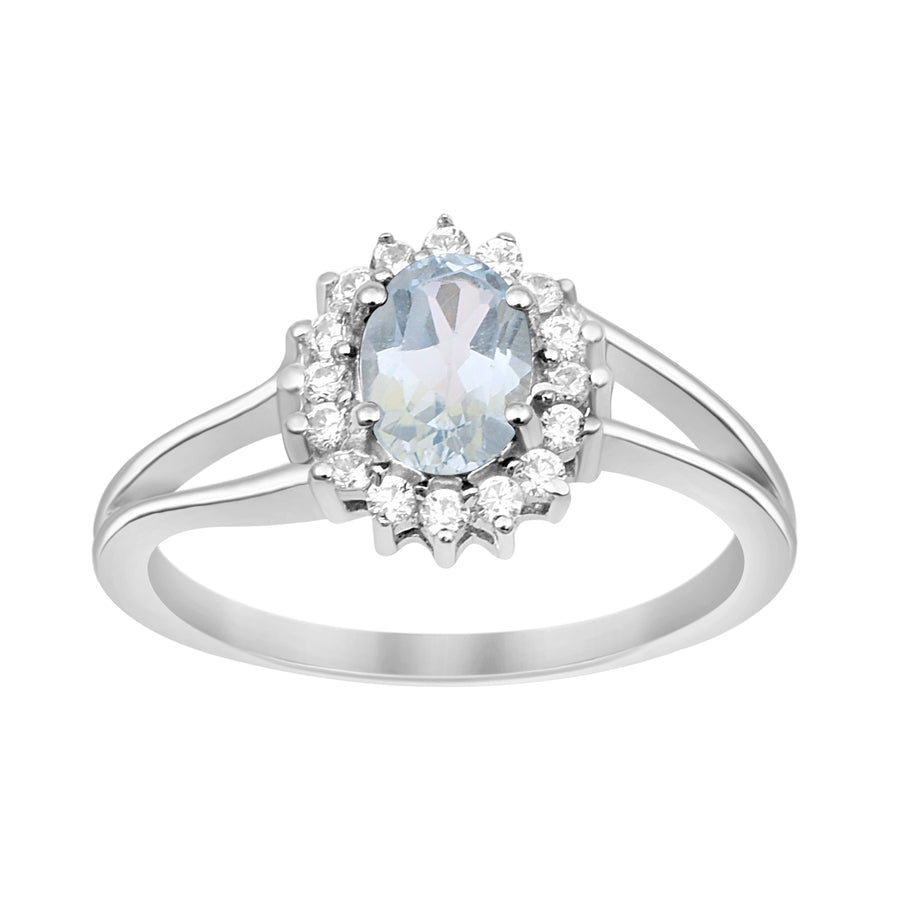 Aquamarine Solitaire Halo Ring -Sterling Silver
