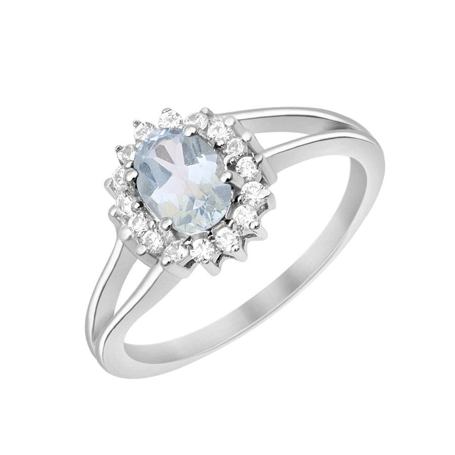 Aquamarine Solitaire Halo Ring -Sterling Silver