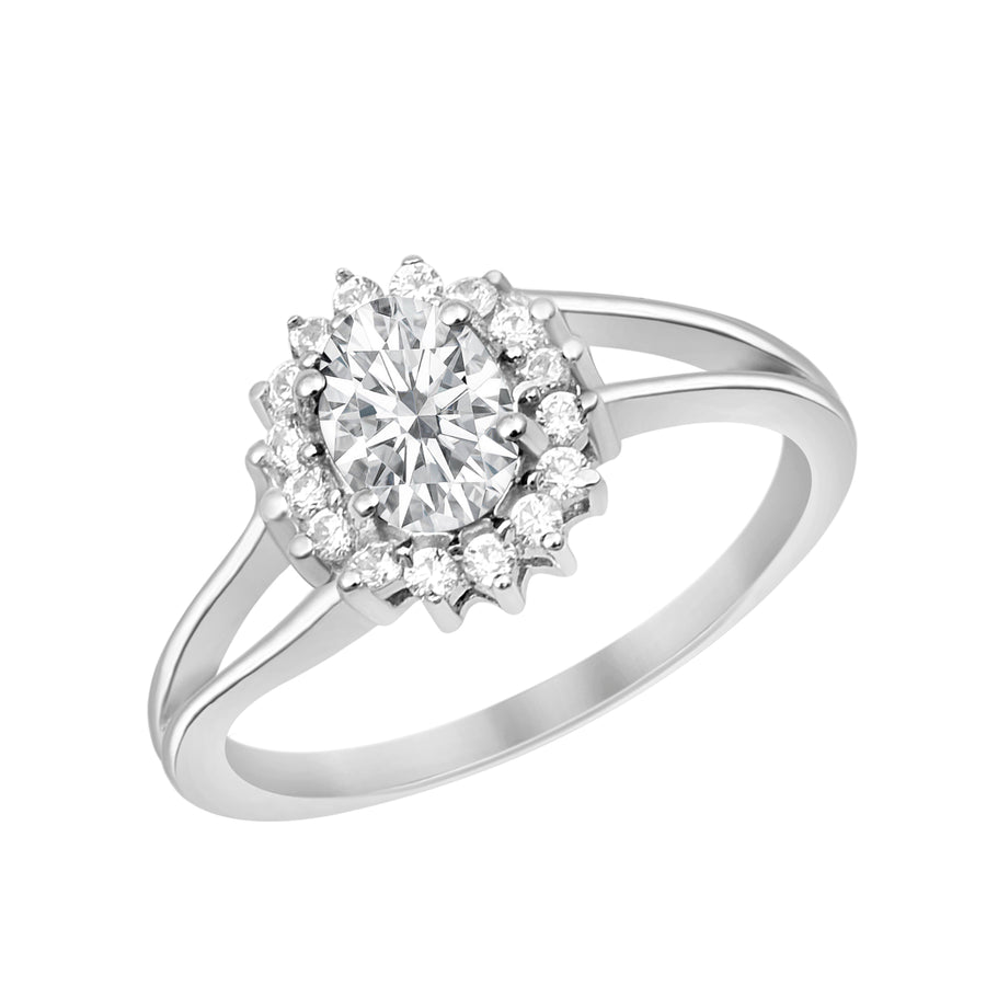 Moissanite Split Shank Halo Ring - Sterling Silver
