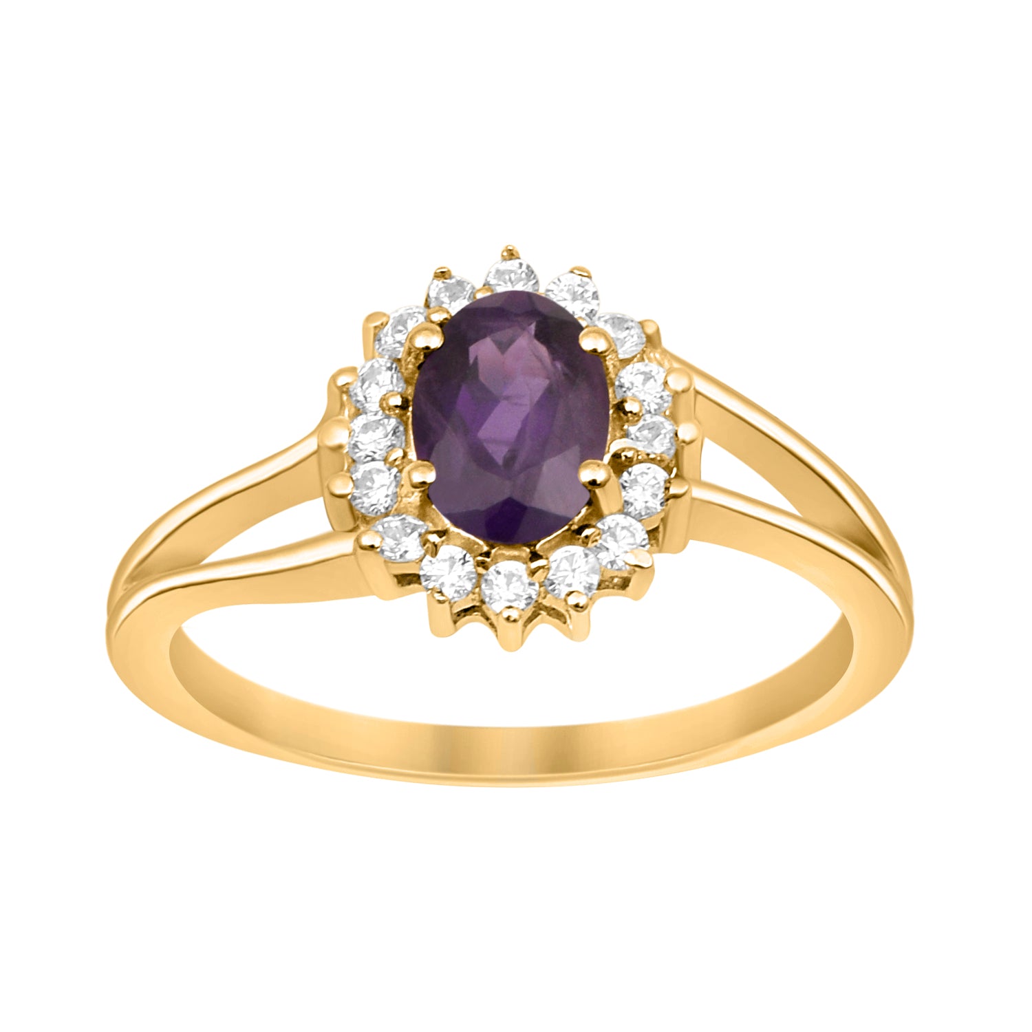 Amethyst Solitaire Halo Split Shank Ring -Sterling Silver