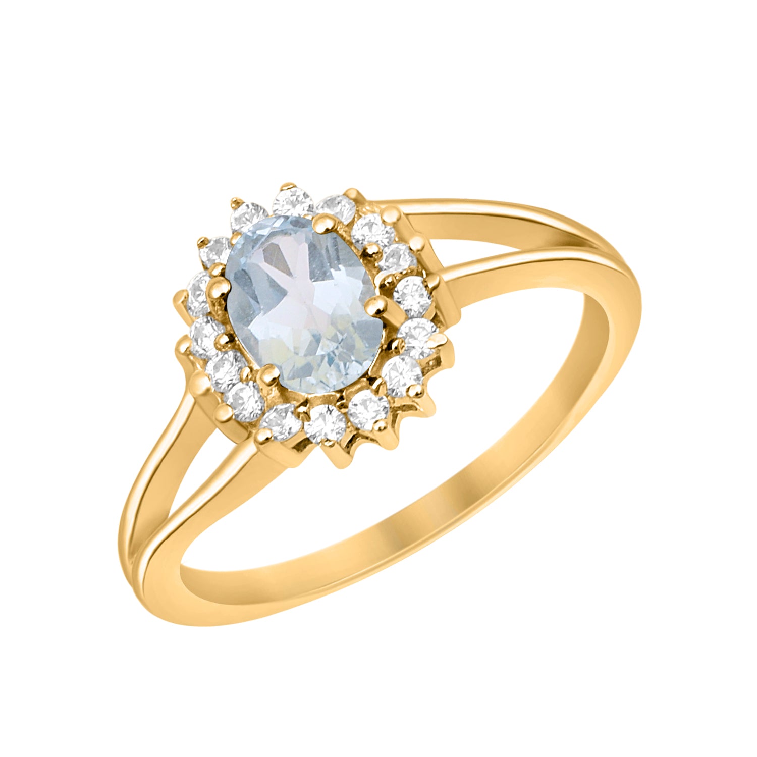 Aquamarine Solitaire Halo Split Shank Ring -Sterling Silver