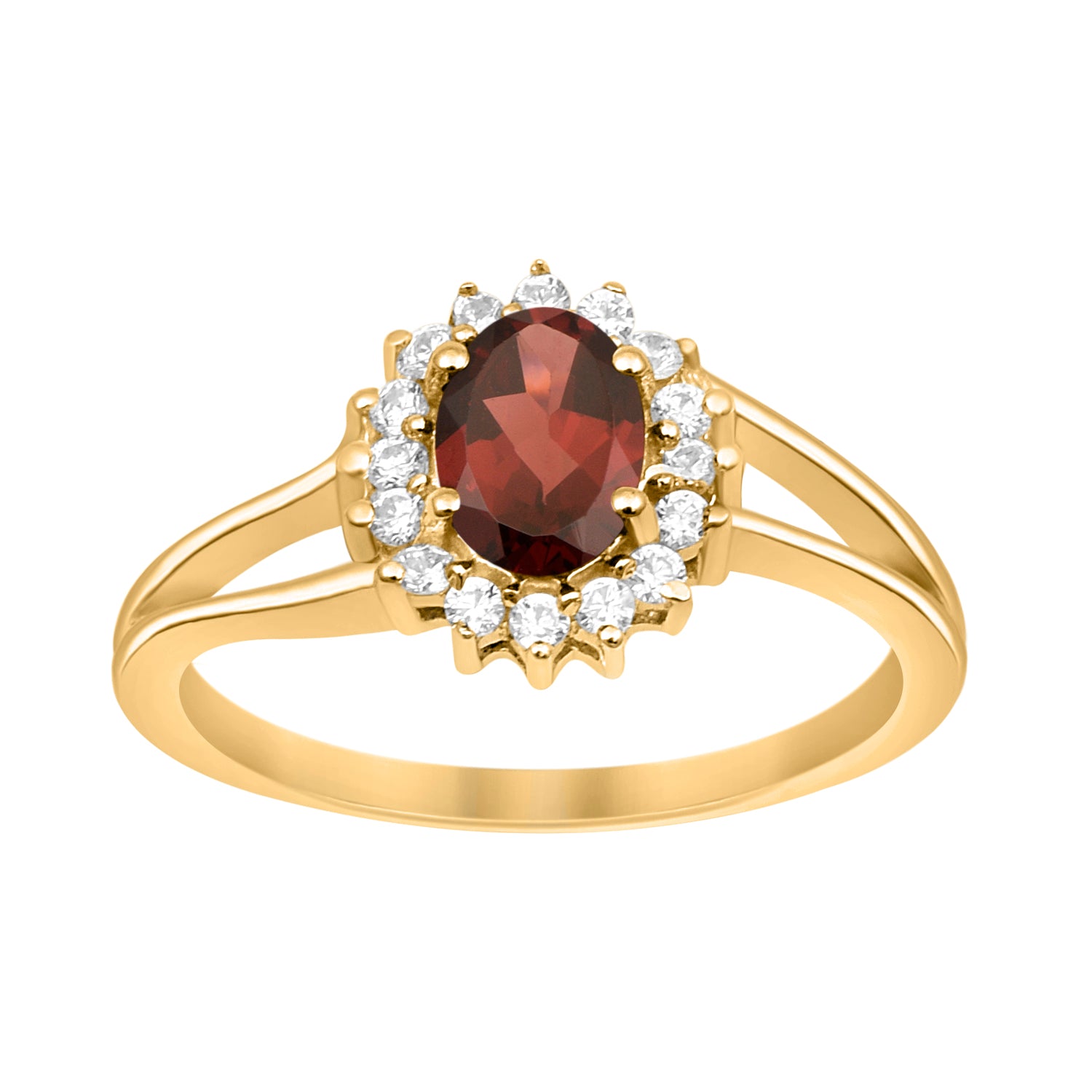 Garnet Solitaire Halo Split Shank Ring -Sterling Silver