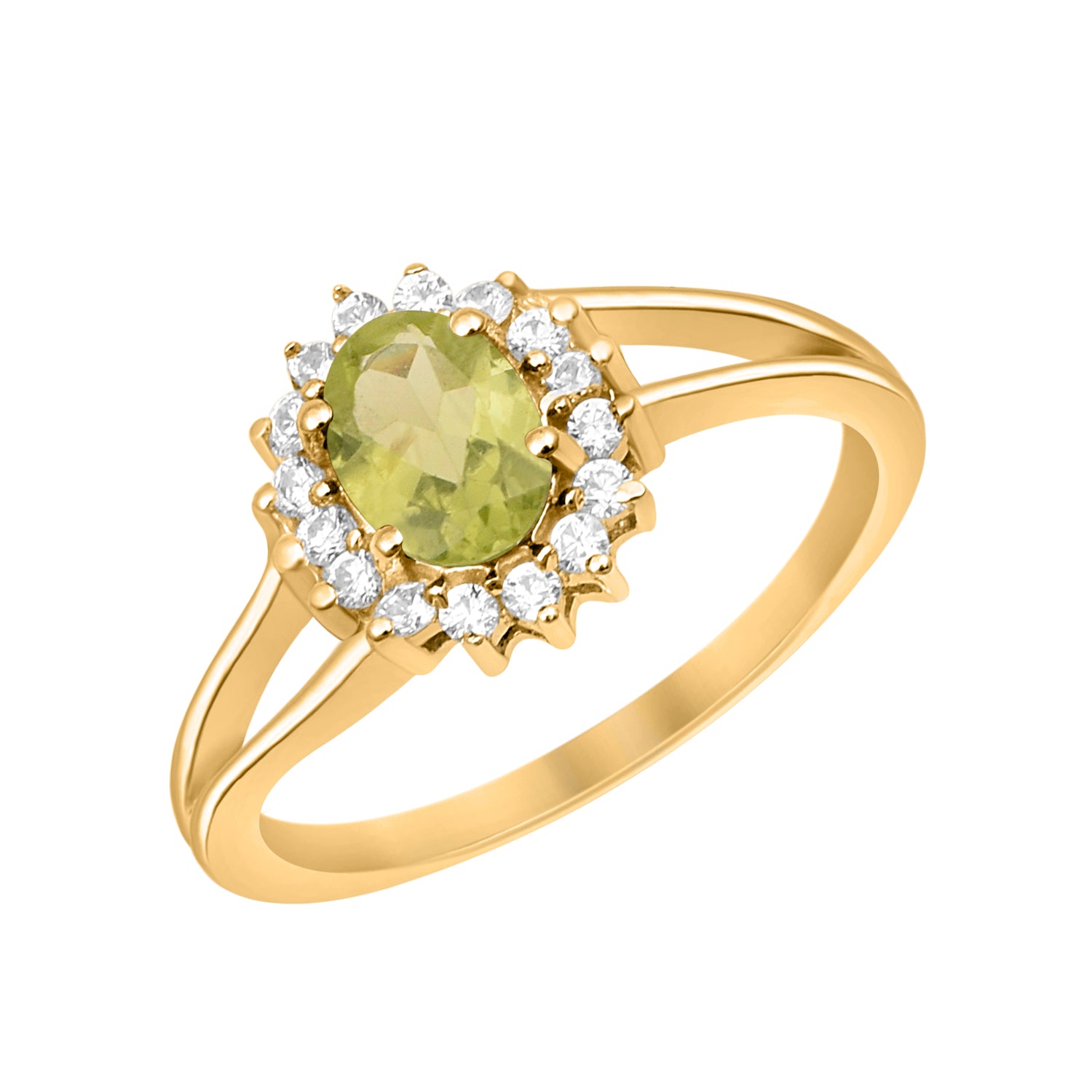 Peridot Solitaire Halo Split Shank Ring -Sterling Silver