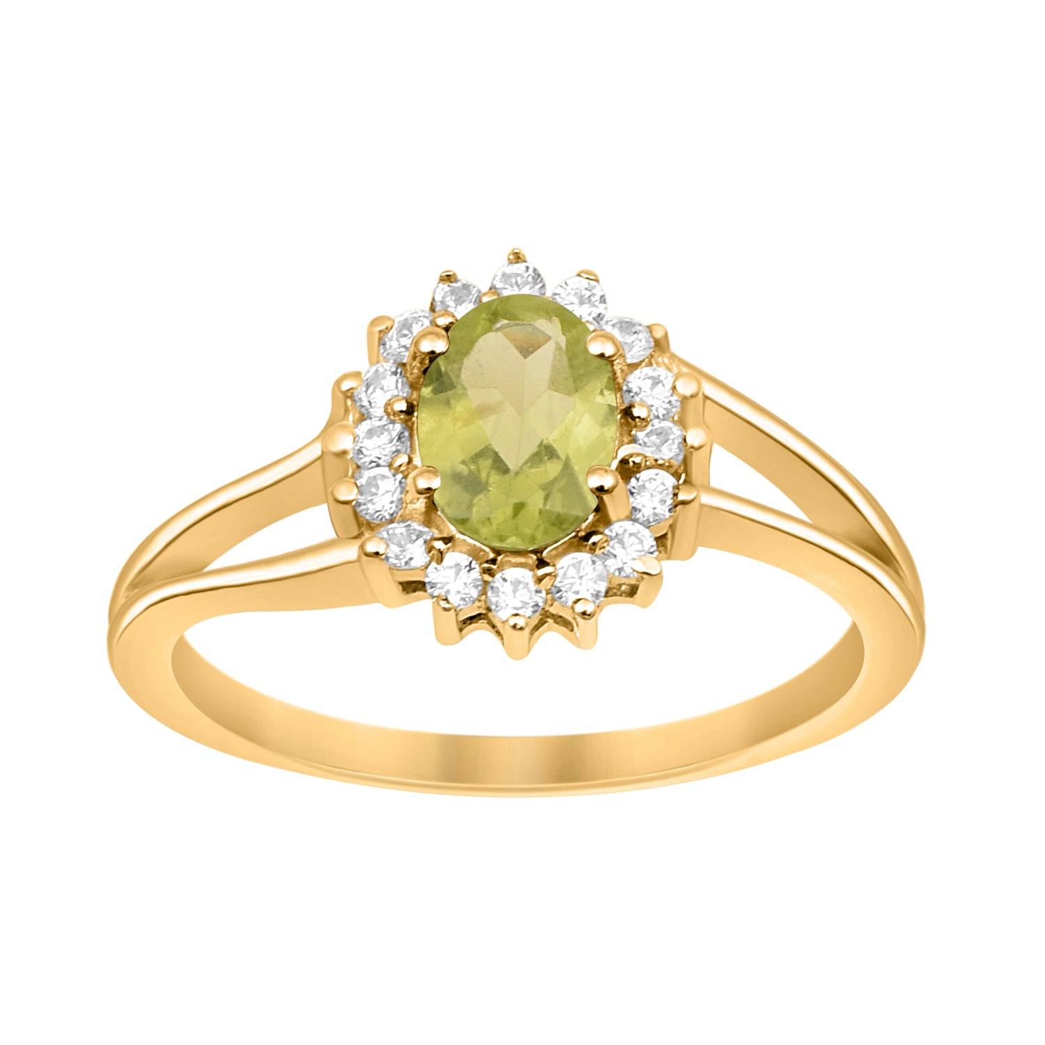 Peridot Solitaire Halo Split Shank Ring -Sterling Silver