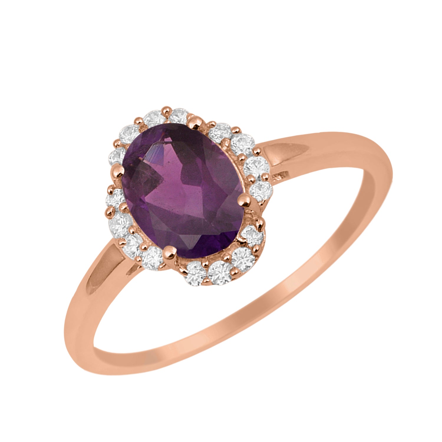 Amethyst Oval 8x6 MM Solitaire Halo Ring - Sterling Silver