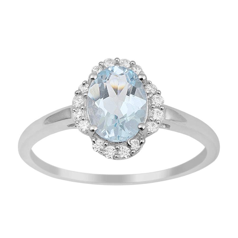 Aquamarine Solitaire Halo Ring -Sterling Silver