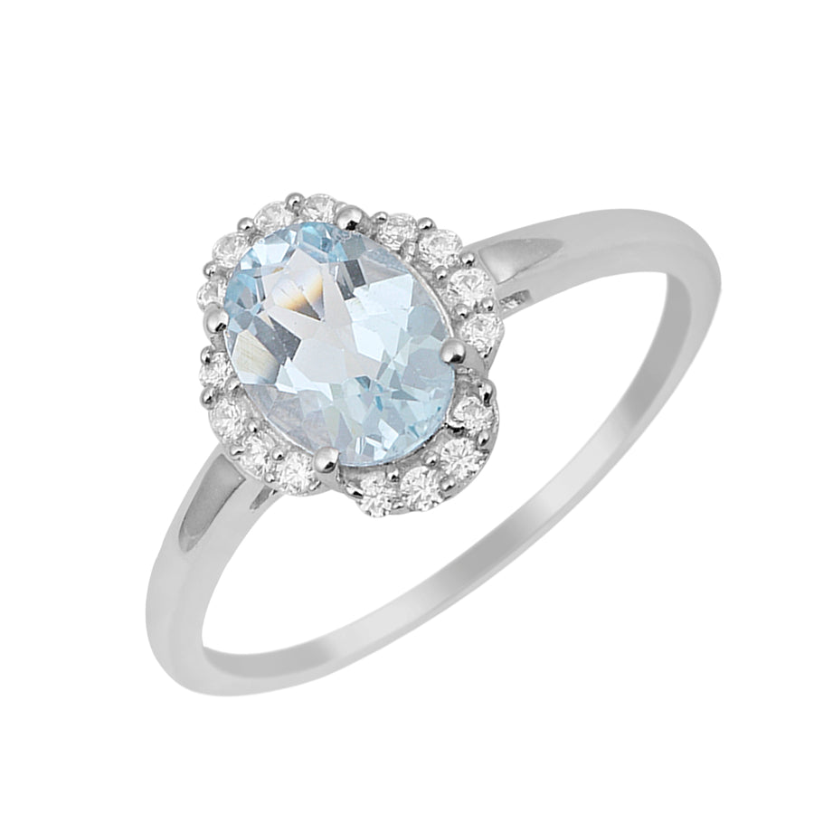 Aquamarine Solitaire Halo Ring -Sterling Silver