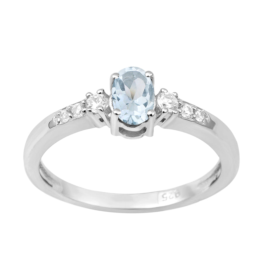 Aquamarine Solitaire Side Accents Ring - Sterling Silver