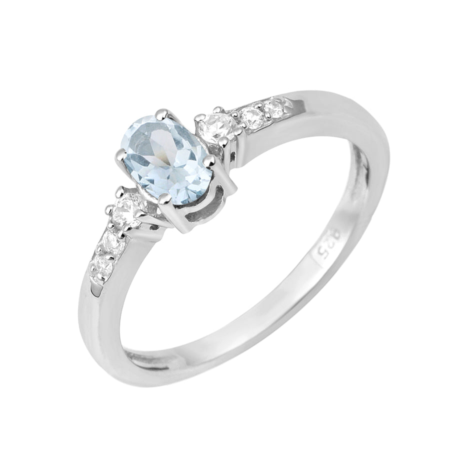 Aquamarine Solitaire Side Accents Ring - Sterling Silver