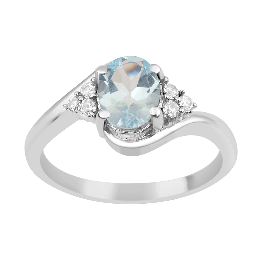 Aquamarine Bypass Trio Accents Ring - Sterling Silver