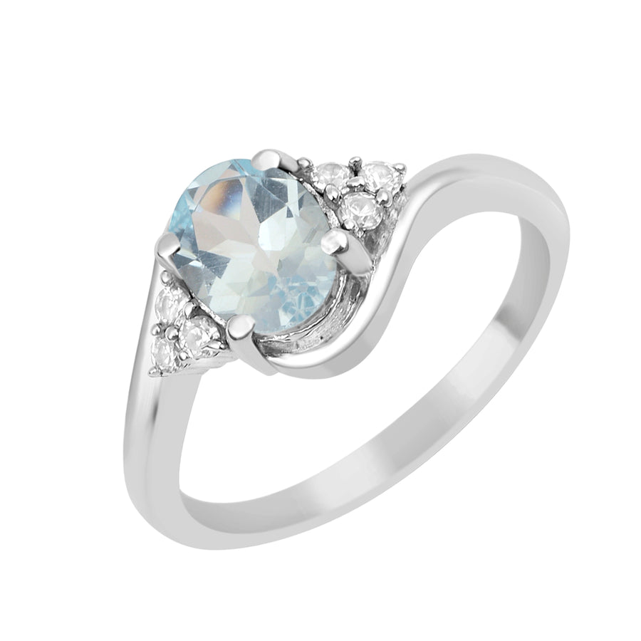 Aquamarine Bypass Trio Accents Ring - Sterling Silver