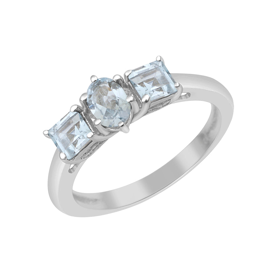 Aquamarine Three Stone Ring - Sterling Silver
