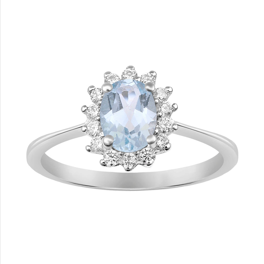 Aquamarine Solitaire Halo Ring- Sterling Silver