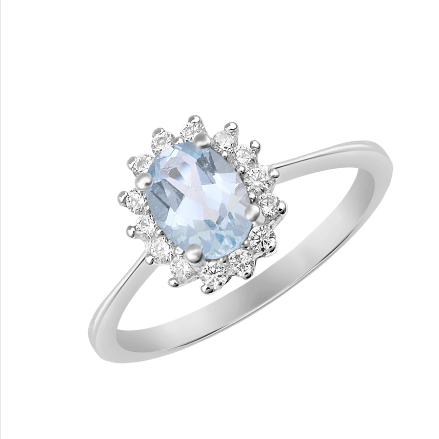 Aquamarine Solitaire Halo Ring- Sterling Silver
