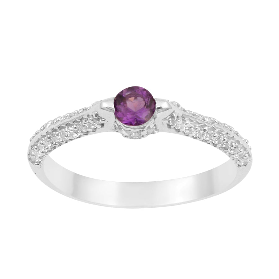 925 Sterling Silver Round 4MM Amethyst White Accents Promise Ring
