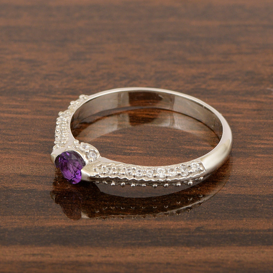 925 Sterling Silver Round 4MM Amethyst White Accents Promise Ring