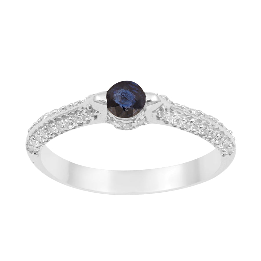 925 Sterling Silver Round 4MM Blue Sapphire White Accents Promise Ring