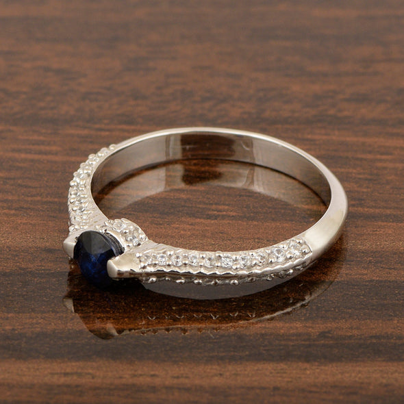 925 Sterling Silver Round 4MM Blue Sapphire White Accents Promise Ring - Kimaya INC