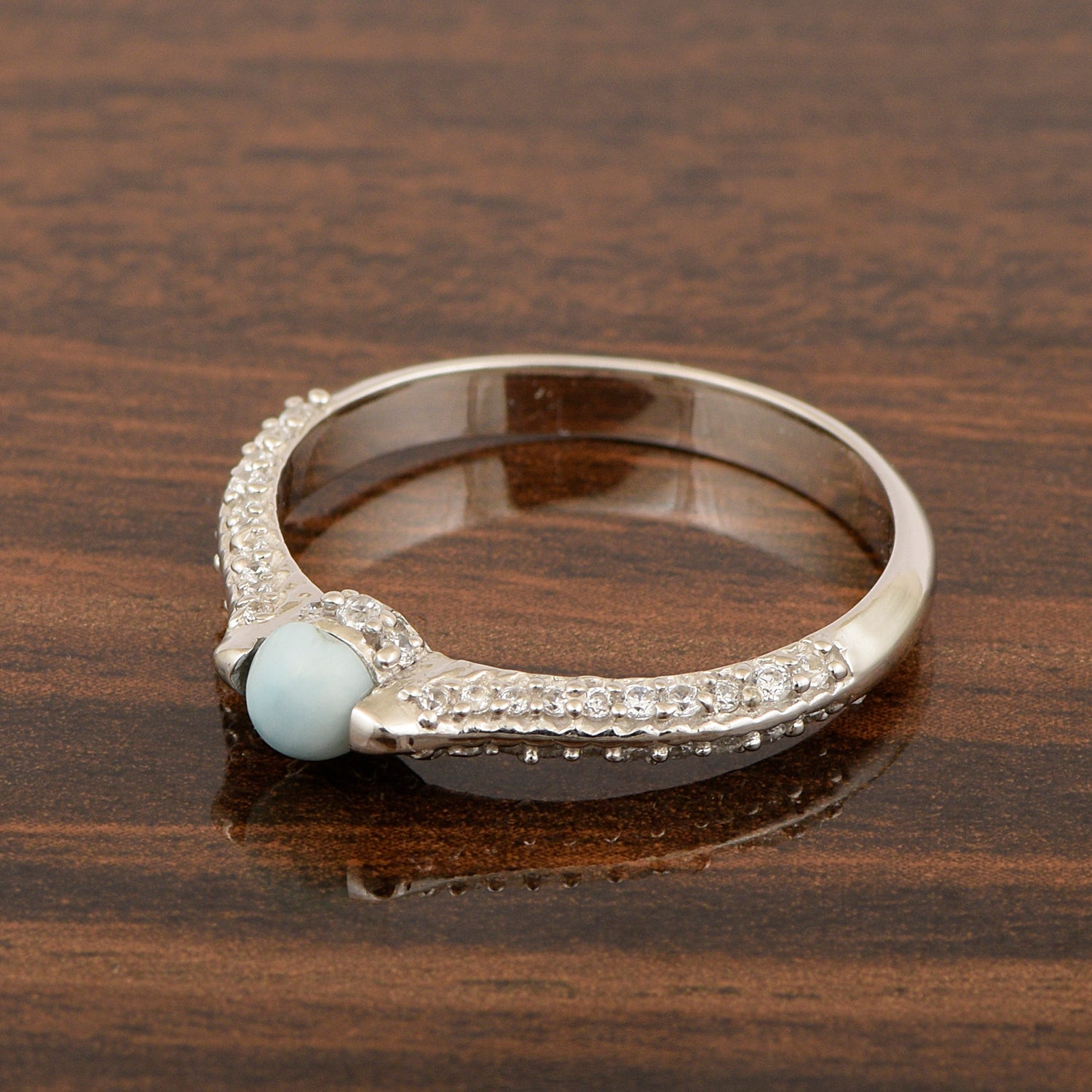 925 Sterling Silver Round 4MM Larimar White Accents Promise Ring - Kimaya INC