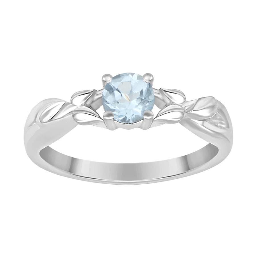 Aquamarine Solitaire Leaf Design Ring - Sterling Silver