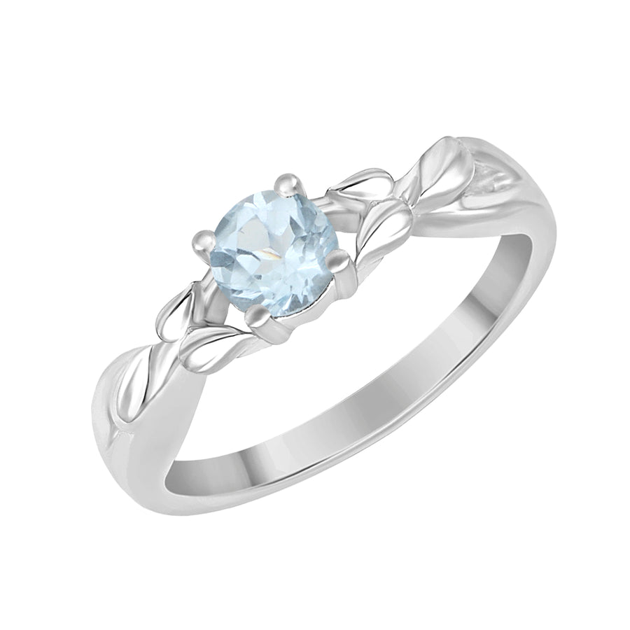 Aquamarine Solitaire Leaf Design Ring - Sterling Silver