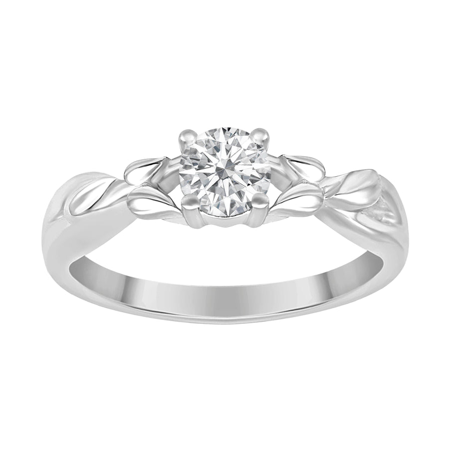 Moissanite Leaf Motif Solitaire Ring - Sterling Silver