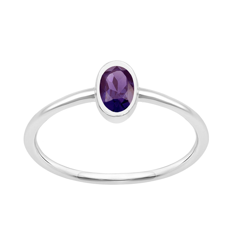 Oval Cut 5X3MM Bezel Set Amethyst 925 Sterling Silver Women Stacking Ring