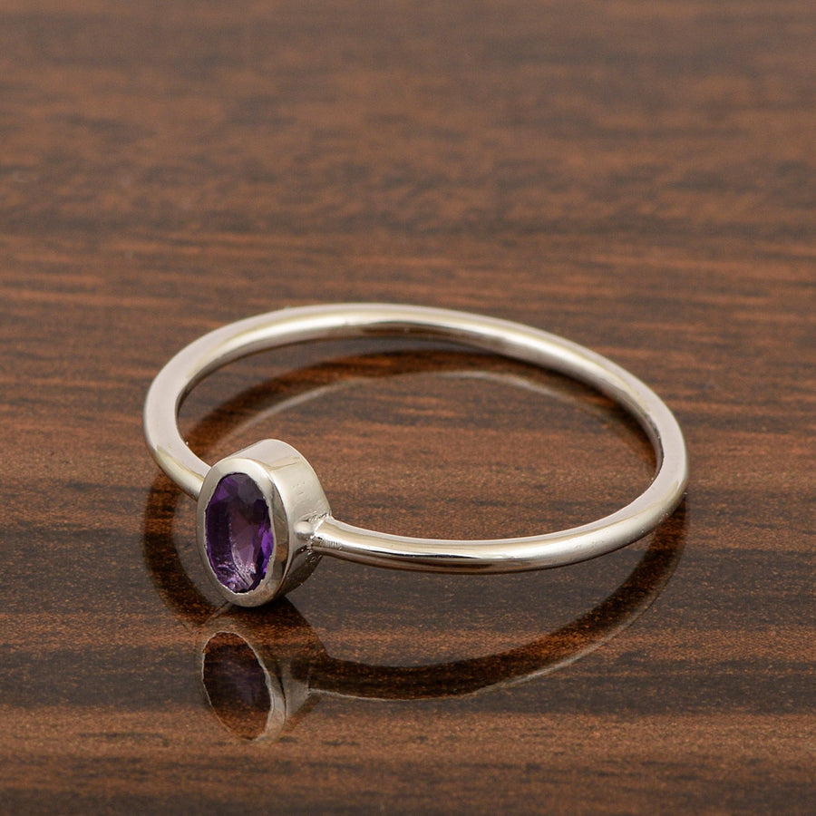 Oval Cut 5X3MM Bezel Set Amethyst 925 Sterling Silver Women Stacking Ring