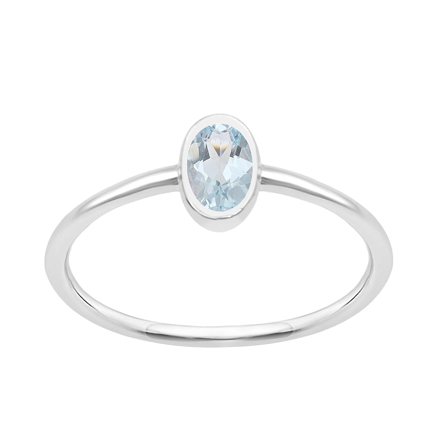 Oval Cut 5X3MM Bezel Set Aquamarine 925 Sterling Silver Women Stacking Ring
