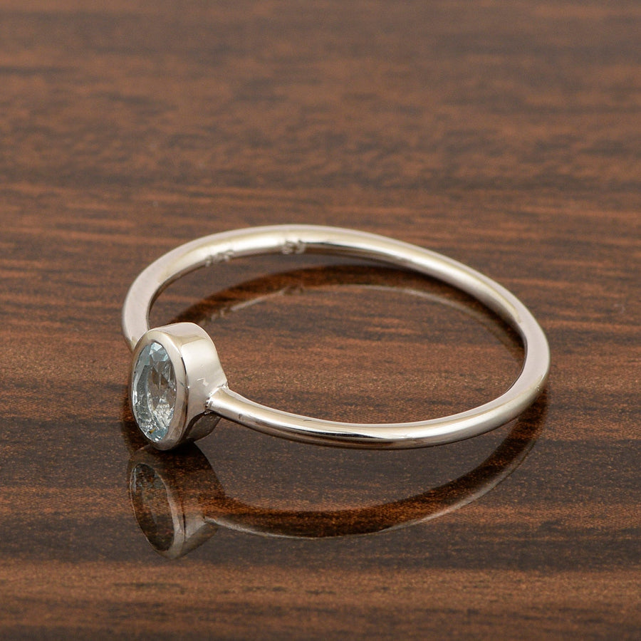 Oval Cut 5X3MM Bezel Set Aquamarine 925 Sterling Silver Women Stacking Ring
