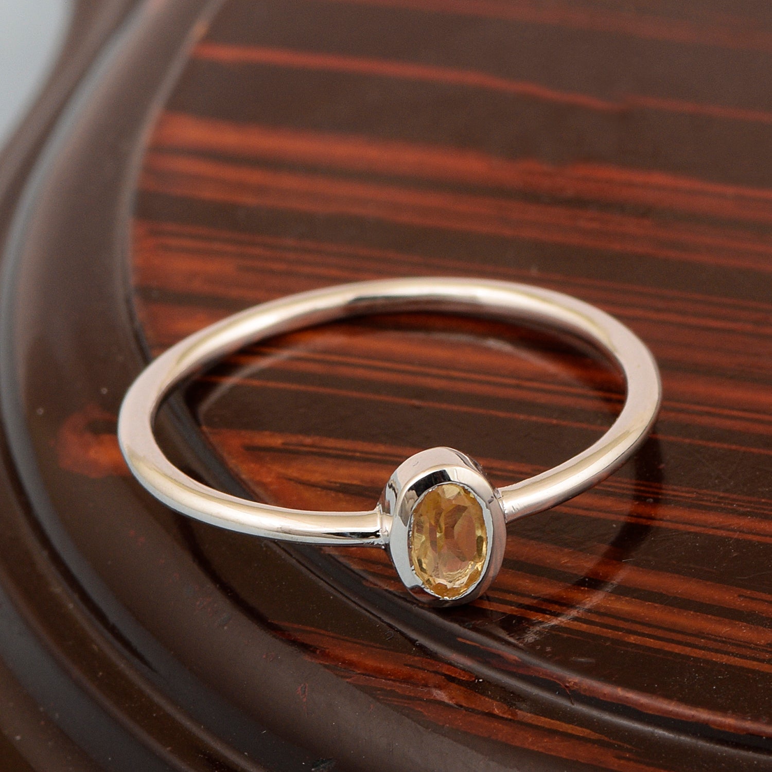 Oval Cut 5X3MM Bezel Set Citrine 925 Sterling Silver Women Stacking Ring - Kimaya INC