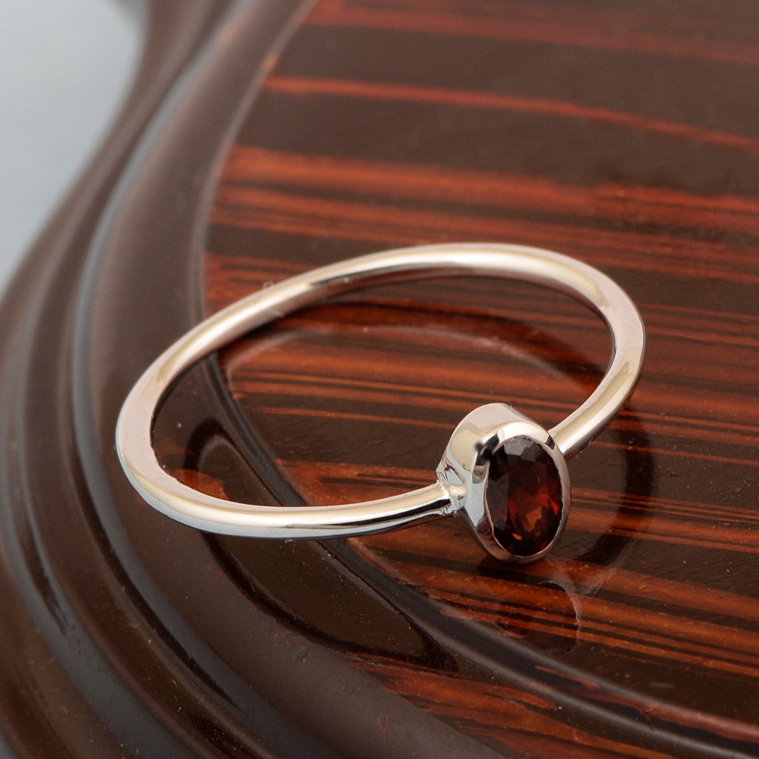 Oval Cut 5X3MM Bezel Set Garnet 925 Sterling Silver Women Stacking Ring - Kimaya INC