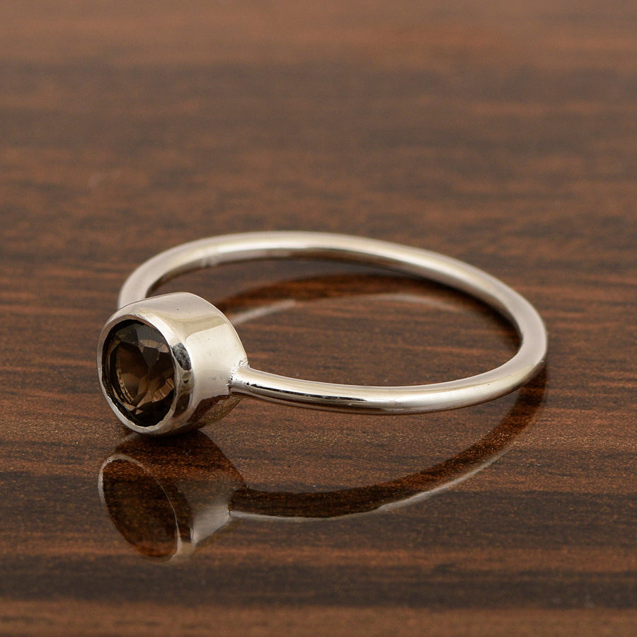 925 Sterling Silver Round 5mm 0.30 Ctw Smoky Quartz Women Engagement Ring