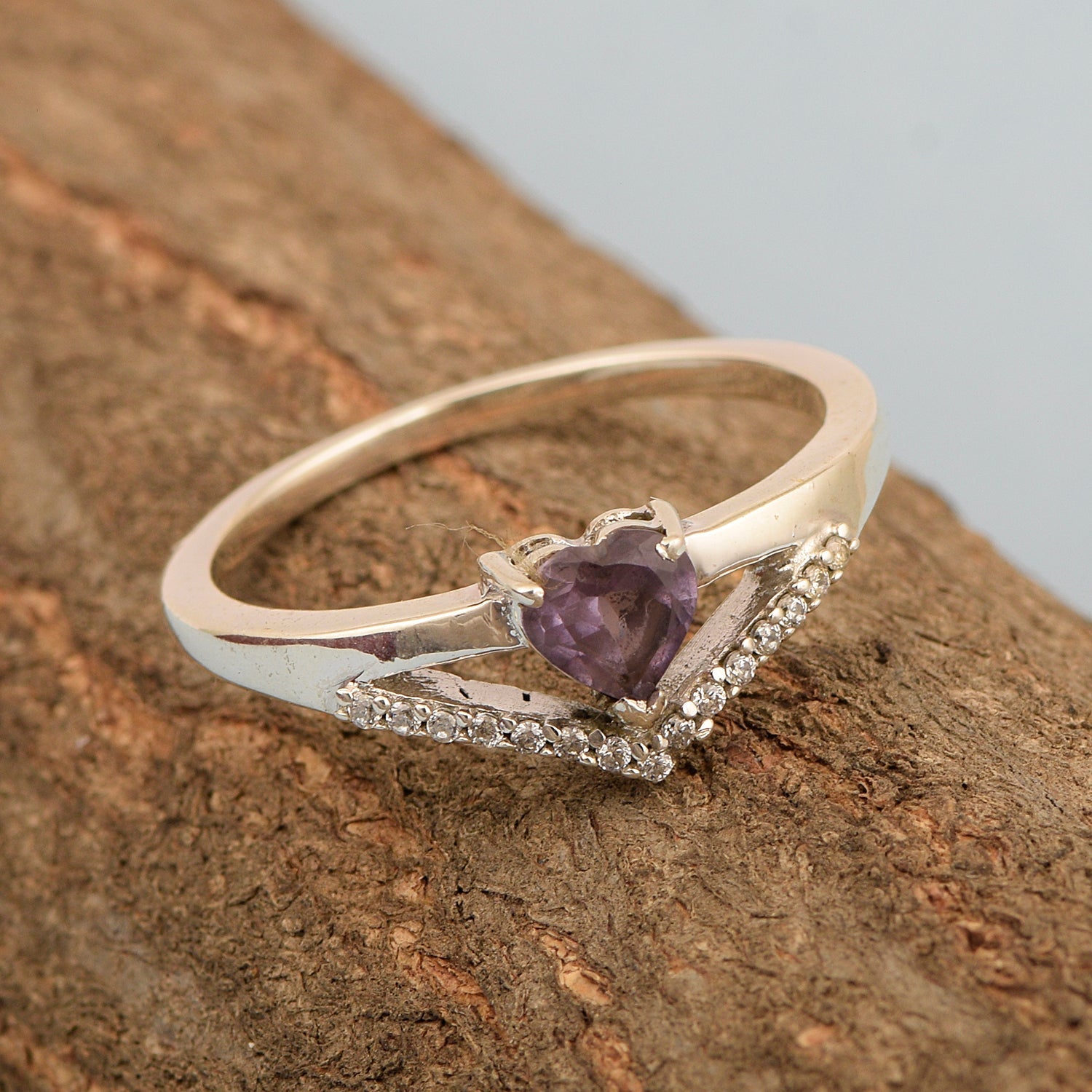 Sterling Silver Love Heart Cut 5MM Amethyst Engagement Rings - Kimaya INC