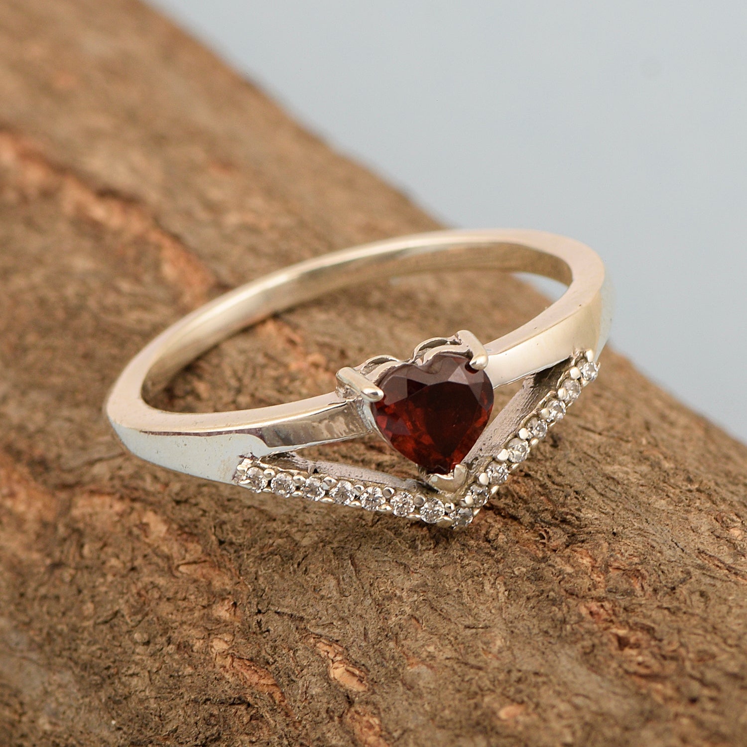 Sterling Silver Love Heart Cut 5MM Garnet Engagement Rings - Kimaya INC