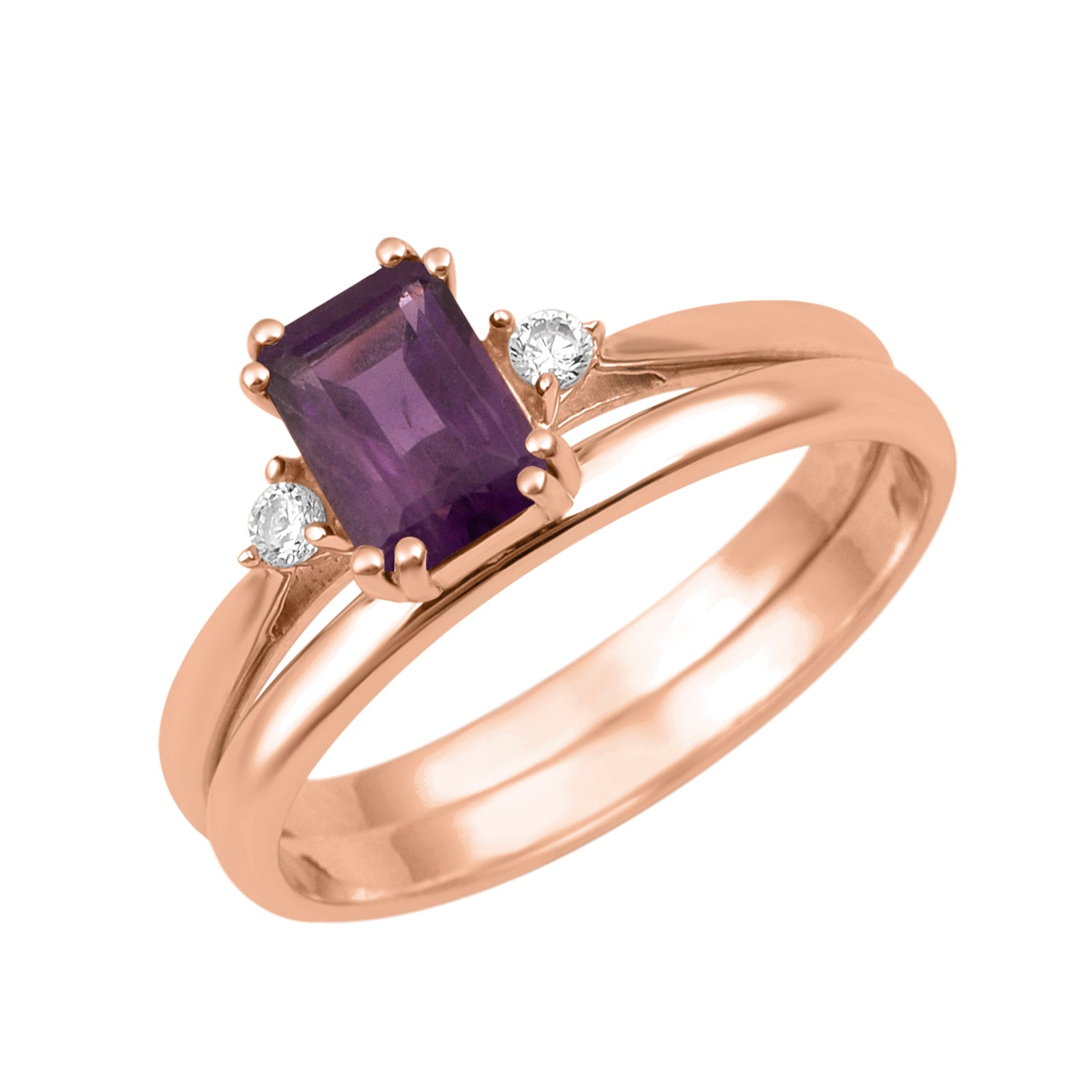 Amethyst Dual Band Women Ring - Sterling Silver