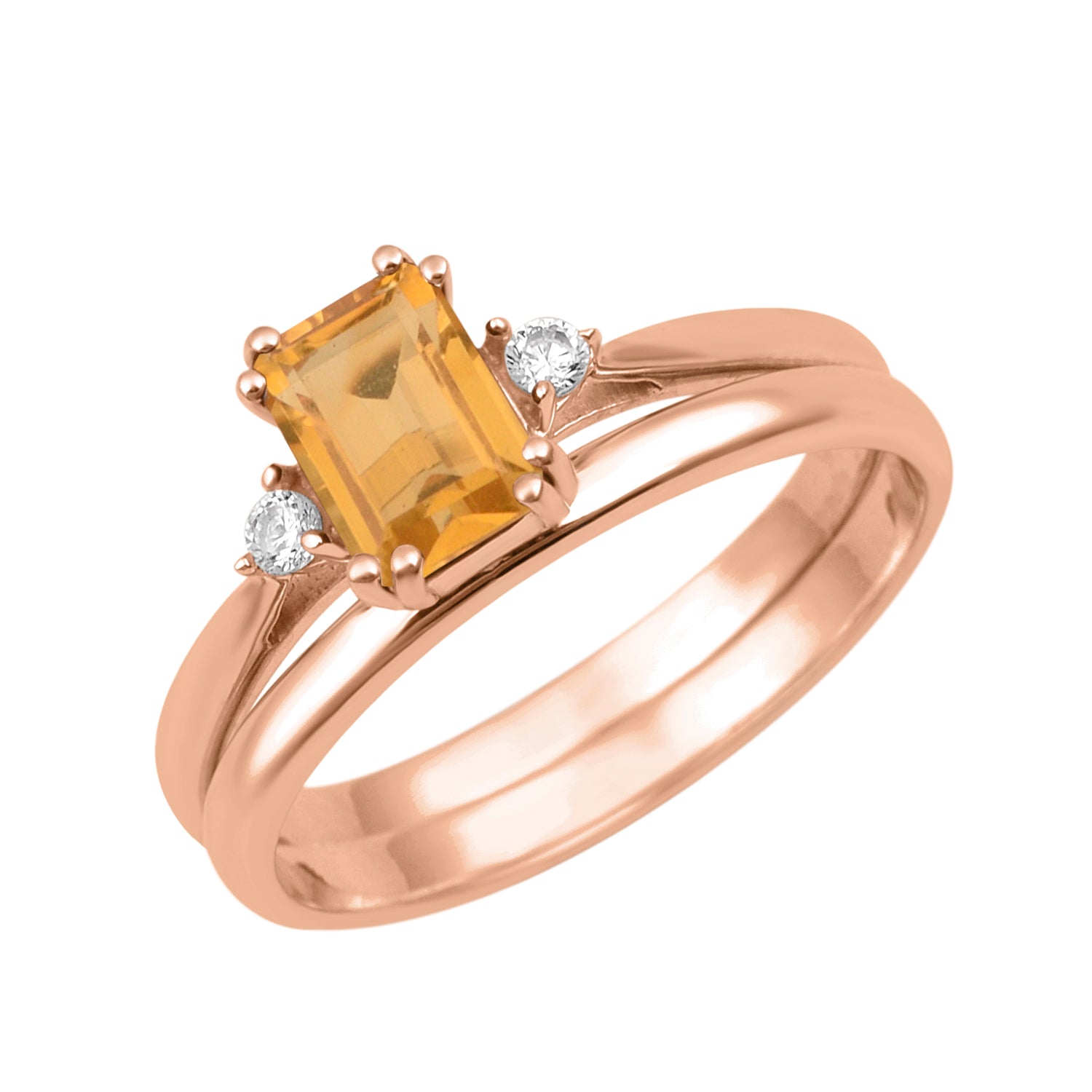 Citrine Dual Band Women Ring - Sterling Silver
