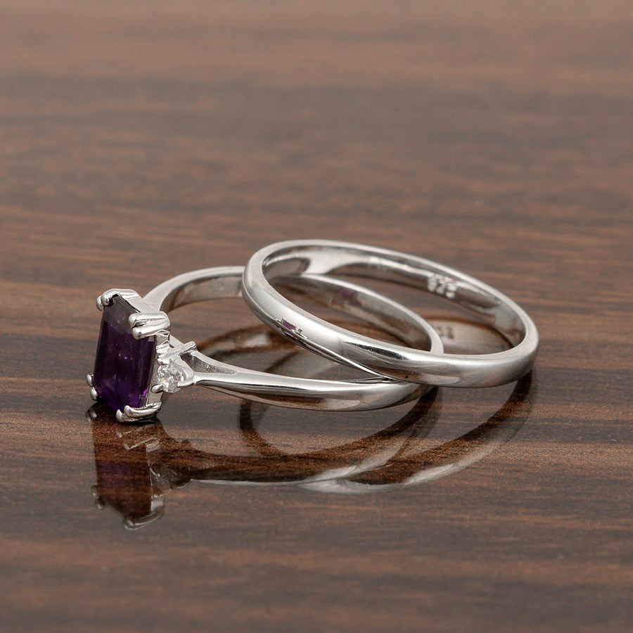 Sterling Silver Radiant Cut 1.20 Ctw Amethyst Dual Band Women Stacking Ring