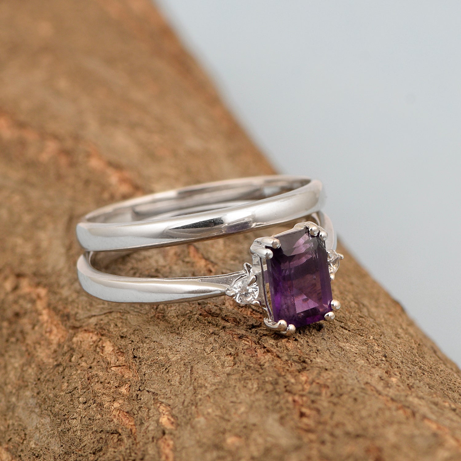 Sterling Silver Radiant Cut 1.20 Ctw Amethyst Dual Band Women Stacking Ring - Kimaya INC