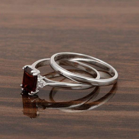 Sterling Silver Radiant Cut 1.20 Ctw Garnet Dual Band Women Stacking Ring - Kimaya INC