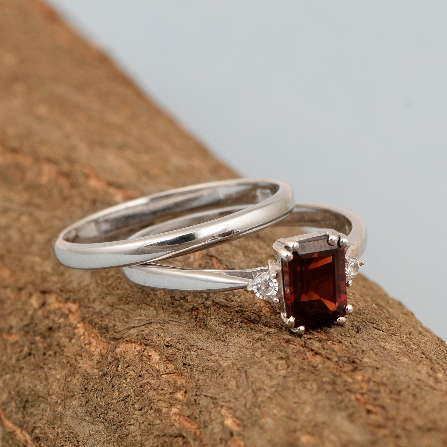 Sterling Silver Radiant Cut 1.20 Ctw Garnet Dual Band Women Stacking Ring - Kimaya INC