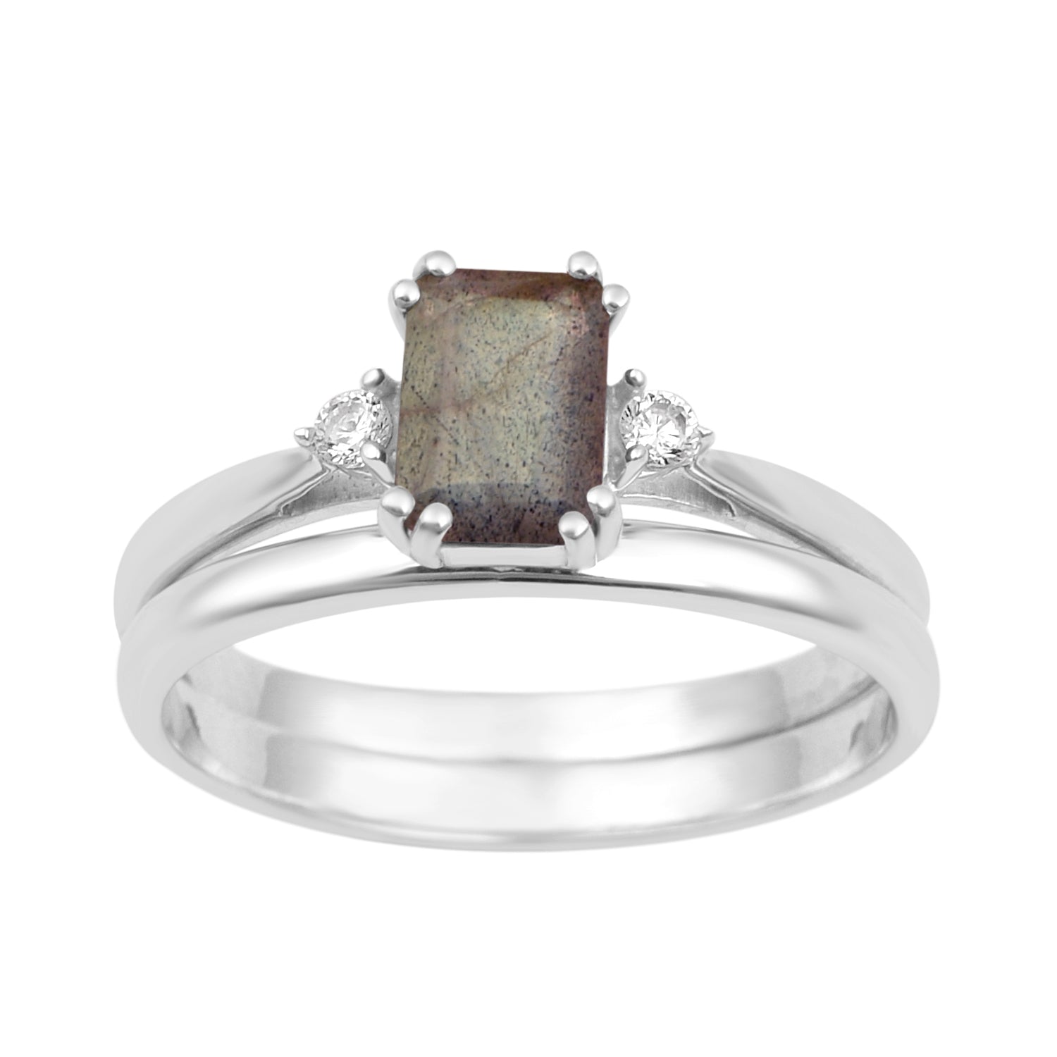 Sterling Silver Radiant Cut 1.20 Ctw Labradorite Dual Band Women Stacking Ring - Kimaya INC
