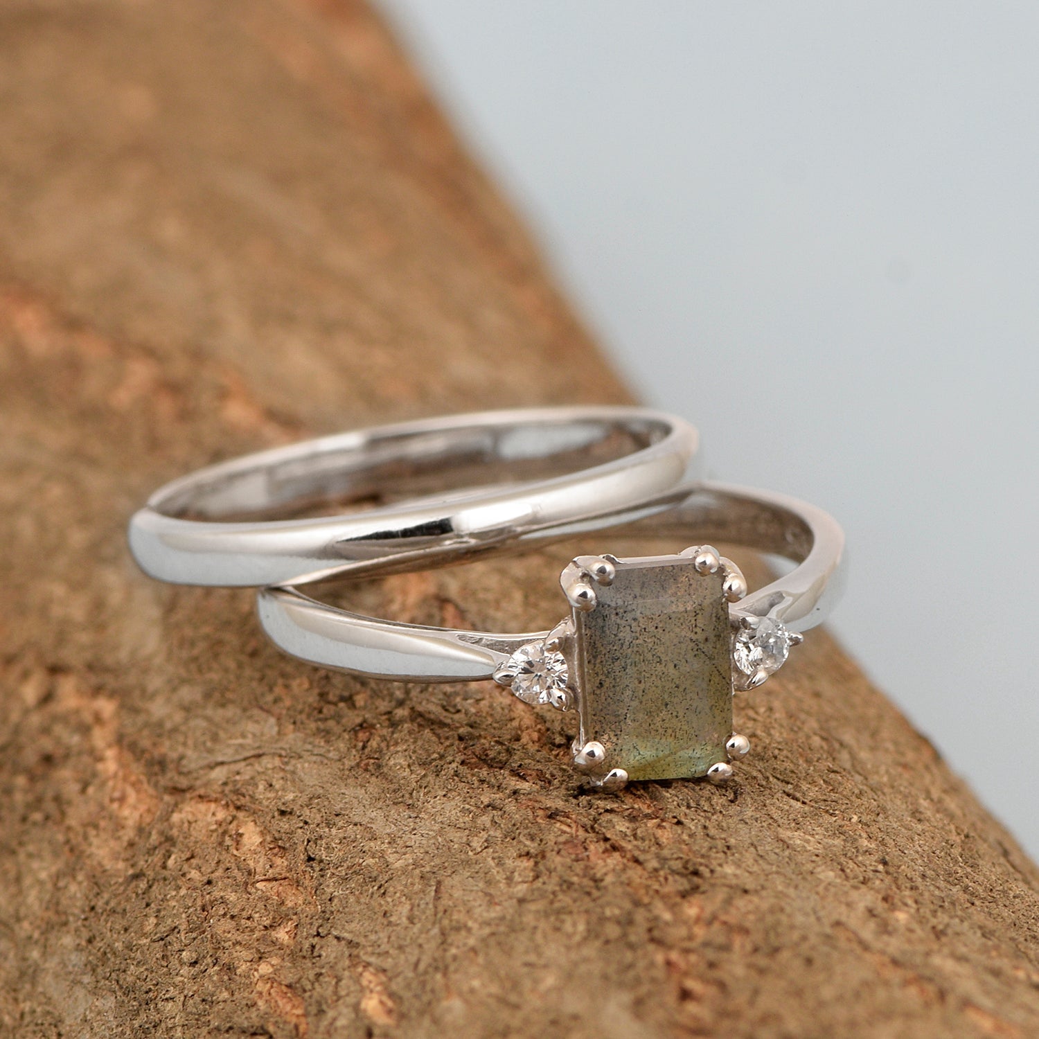 Sterling Silver Radiant Cut 1.20 Ctw Labradorite Dual Band Women Stacking Ring - Kimaya INC