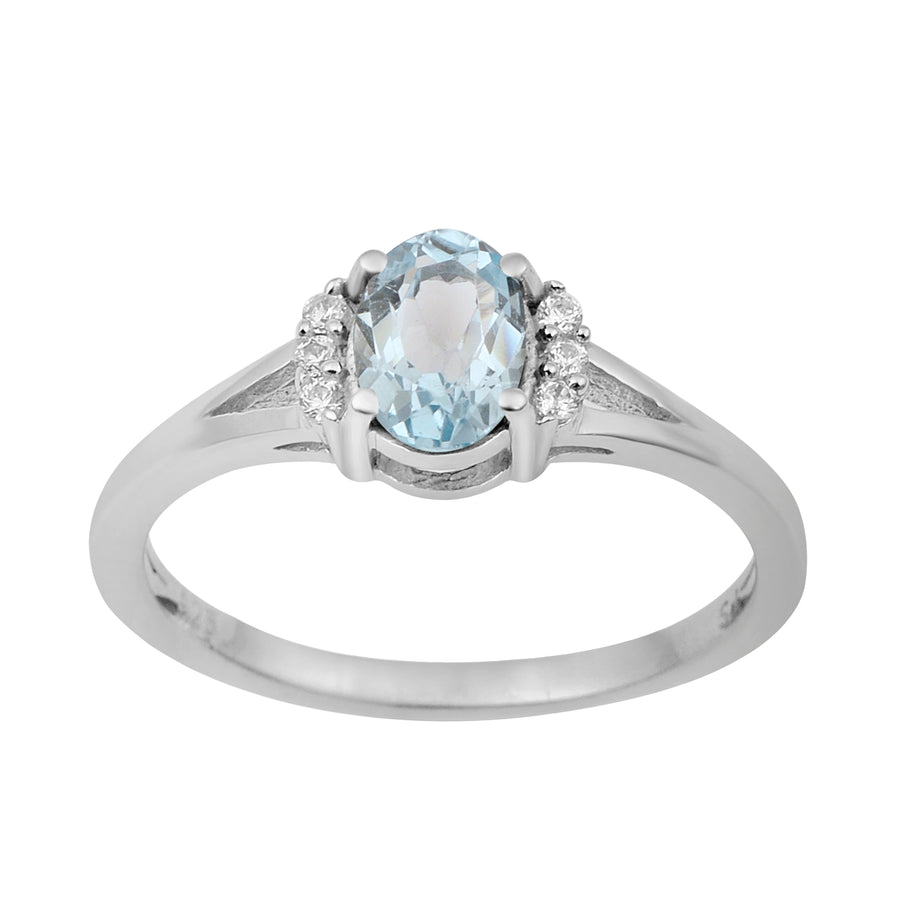 Aquamarine Solitaire With Side Accents Ring - Sterling Silver